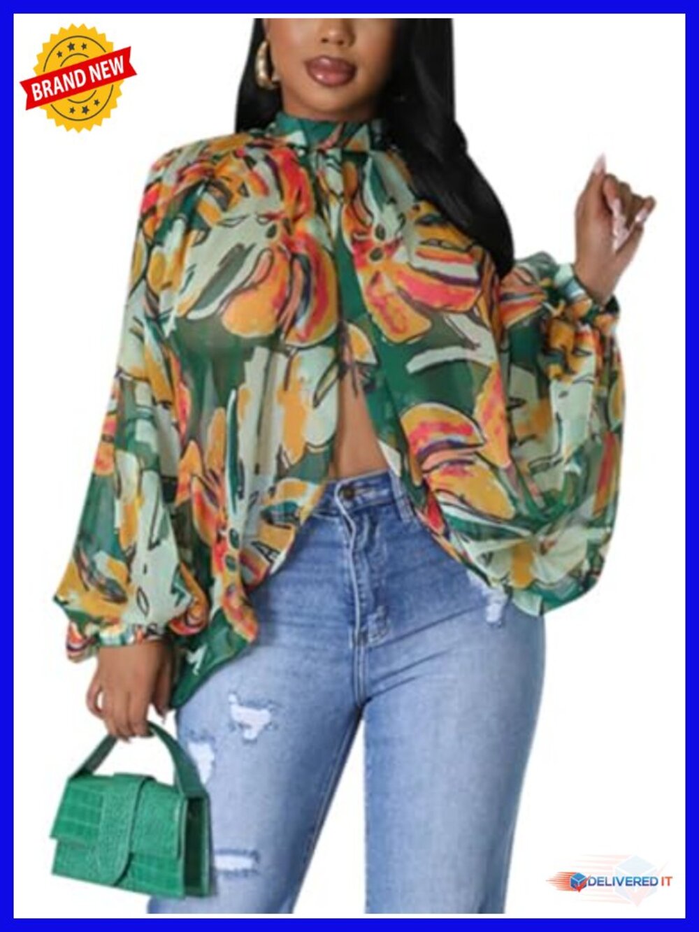 Women's Sexy Batwing Sleeve Sheer Chiffon Blouse Mock Neck Open Back Party Top
